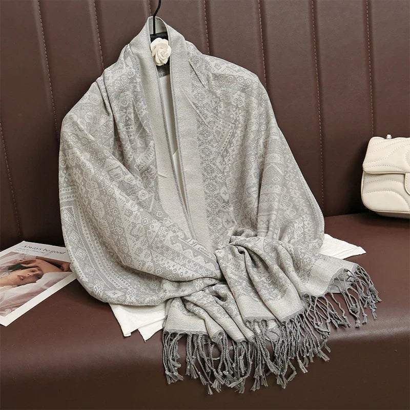 Women’s Soft Polyester Winter Scarf – Oversized Printed Tassel Wrap for Elegant Autumn and Winter Layering