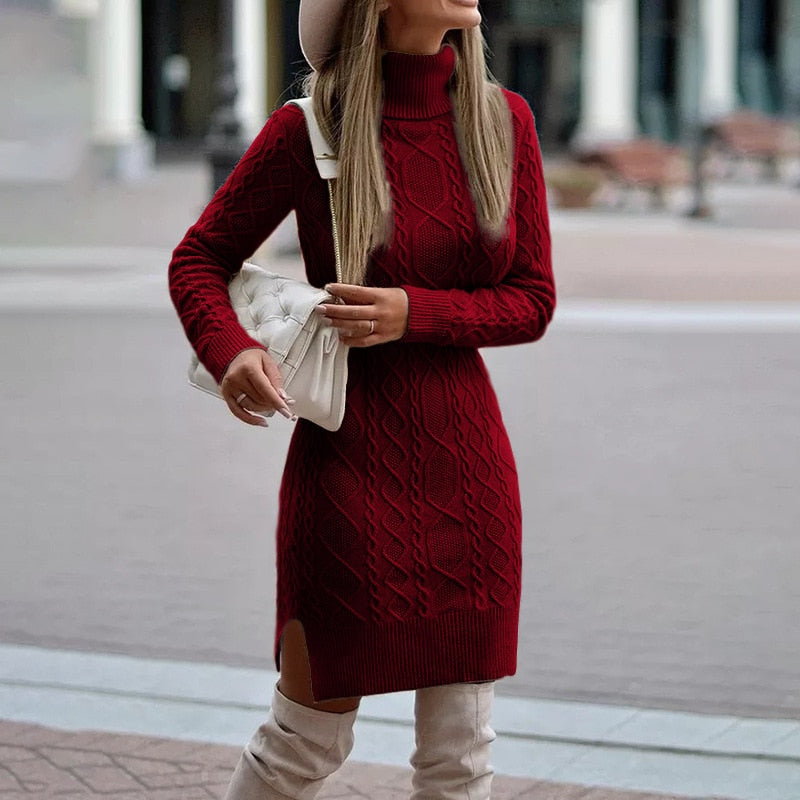 Women’s Knit Sweater Dress Turtleneck Cable Texture Fitted Style