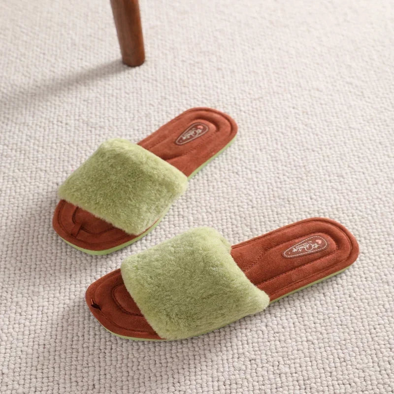 Women’s Plush Slide Slippers – Open-Toe Faux-Fur House Shoes with Soft Cushioned Footbed