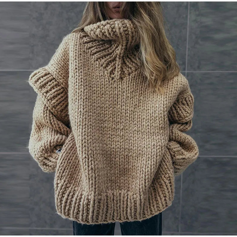 Women's Oversized Chunky Knit Turtleneck Sweater with Thick Textured Stitching and Voluminous Long Sleeves – Warm Relaxed Fit Pullover for Cosy Autumn Winter Layering and Casual Everyday Wear