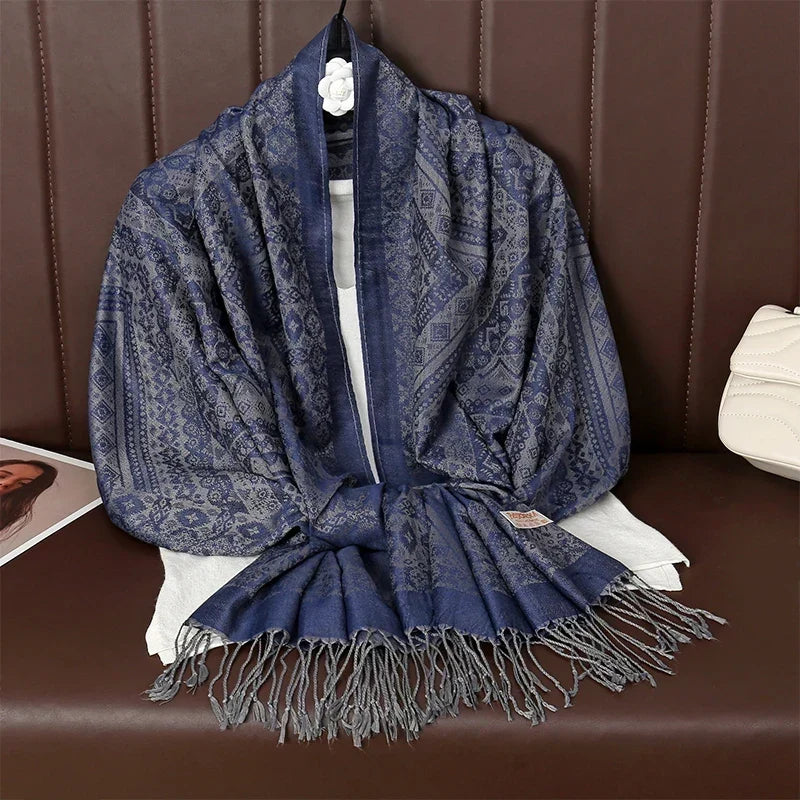 Women’s Soft Polyester Winter Scarf – Oversized Printed Tassel Wrap for Elegant Autumn and Winter Layering