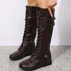 Women’s Leather Knee-High Lace-Up Boots – Buckle-Strap Side-Zip Winter Combat Boots