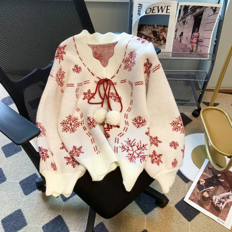 Women’s V-Neck Christmas Sweater – Pom-Pom Tie Knit for Festive Winter Styling