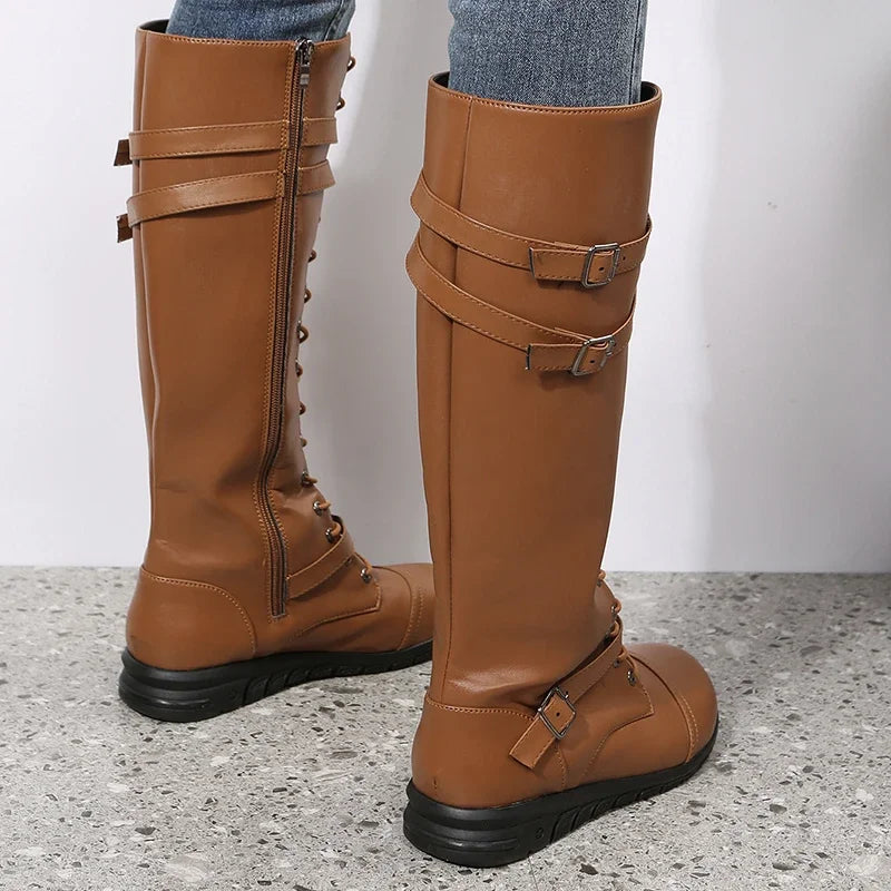 Women’s Leather Knee-High Lace-Up Boots – Buckle-Strap Side-Zip Winter Combat Boots