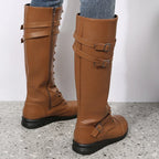 Women’s Leather Knee-High Lace-Up Boots – Buckle-Strap Side-Zip Winter Combat Boots