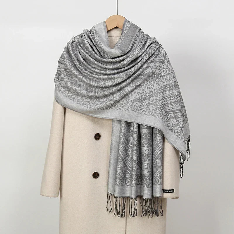 Women’s Soft Polyester Winter Scarf – Oversized Printed Tassel Wrap for Elegant Autumn and Winter Layering