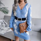 Women’s Printed Knit Sweater Dress – V-Neck Long Sleeve Style for Autumn and Winter