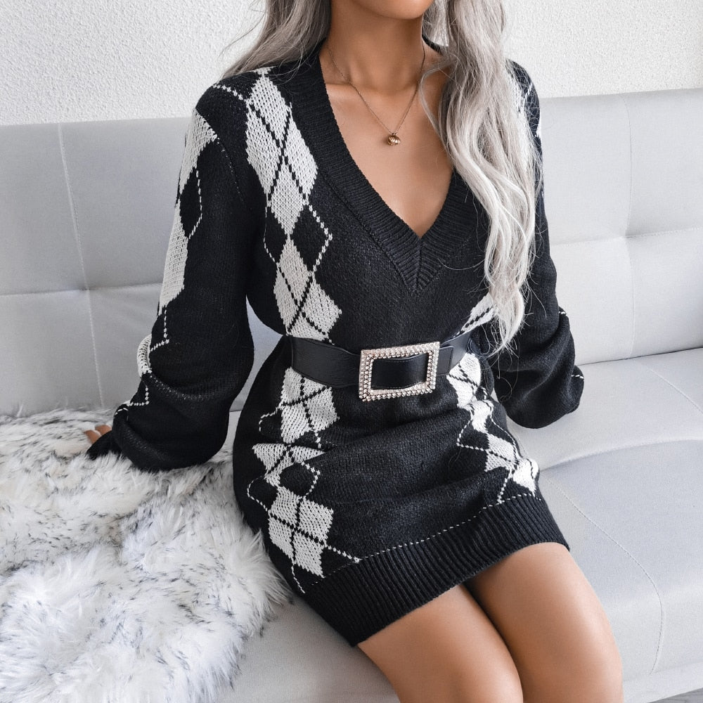 Women’s Printed Knit Sweater Dress – V-Neck Long Sleeve Style for Autumn and Winter