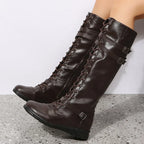 Women’s Leather Knee-High Lace-Up Boots – Buckle-Strap Side-Zip Winter Combat Boots