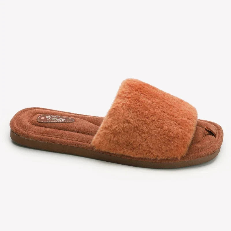 Women’s Plush Slide Slippers – Open-Toe Faux-Fur House Shoes with Soft Cushioned Footbed