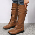 Women’s Leather Knee-High Lace-Up Boots – Buckle-Strap Side-Zip Winter Combat Boots