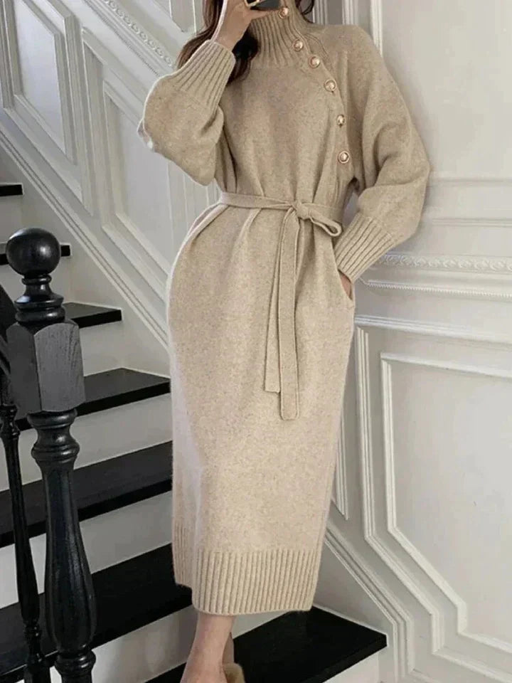 Women’s Elegant Turtleneck Sweater Dress with Buttons and Tie Waist for Autumn Winter