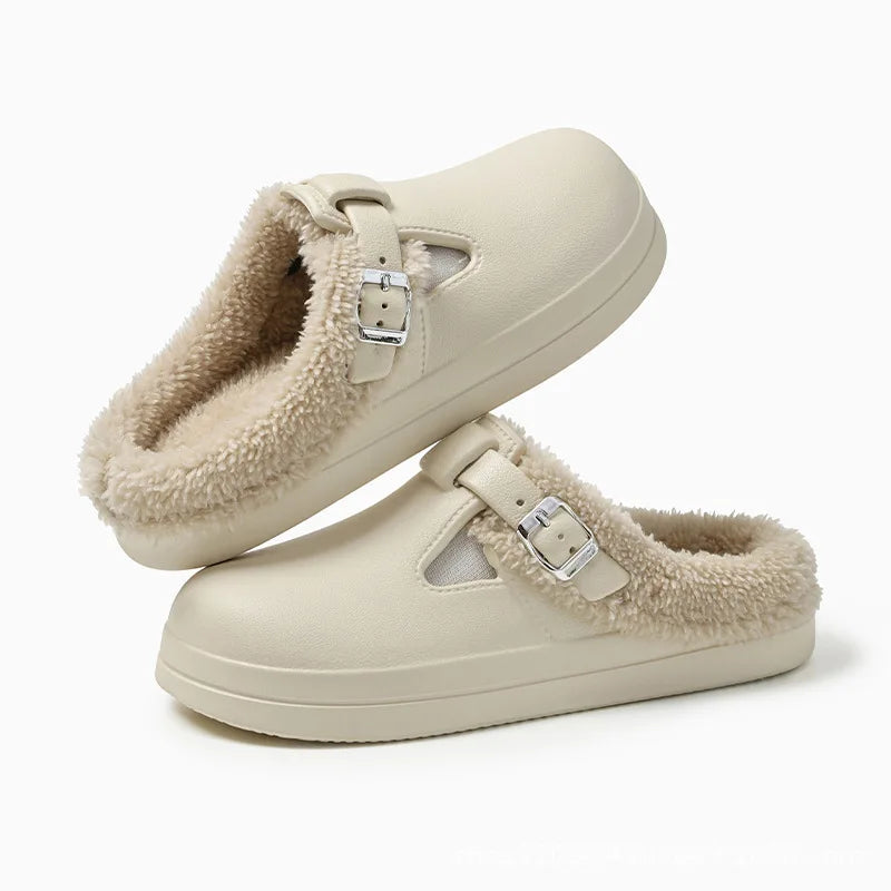 Women’s Buckle-Strap Clog Slippers – Fleece-Lined Winter Mules with Thick Cushioned Sole