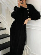 Women’s Elegant Turtleneck Sweater Dress with Buttons and Tie Waist for Autumn Winter