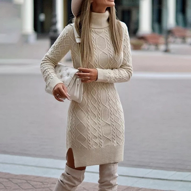 Women’s Knit Sweater Dress Turtleneck Cable Texture Fitted Style