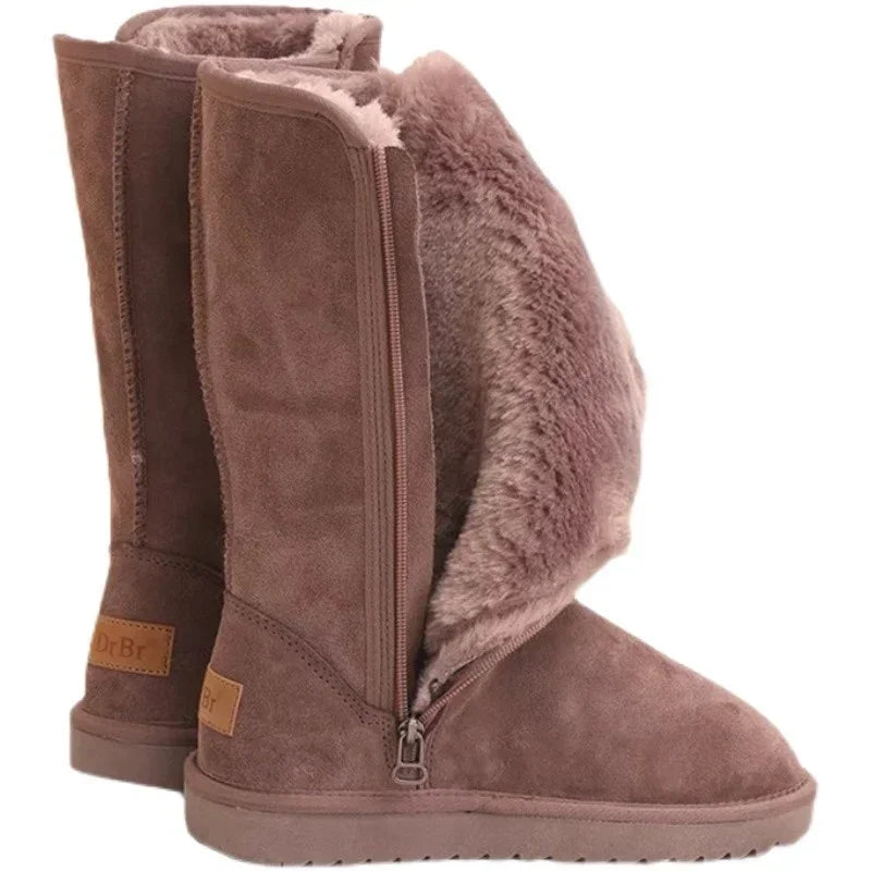 Women’s Genuine Leather Knee-High Snow Boots – Waterproof Fur-Lined Winter Boots