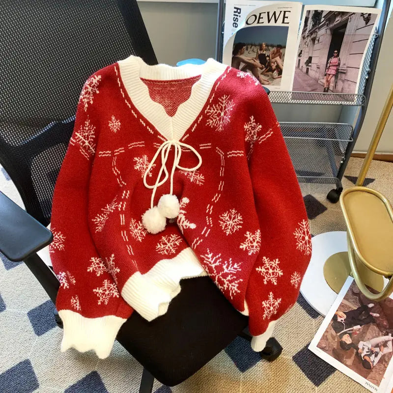 Women’s V-Neck Christmas Sweater – Pom-Pom Tie Knit for Festive Winter Styling