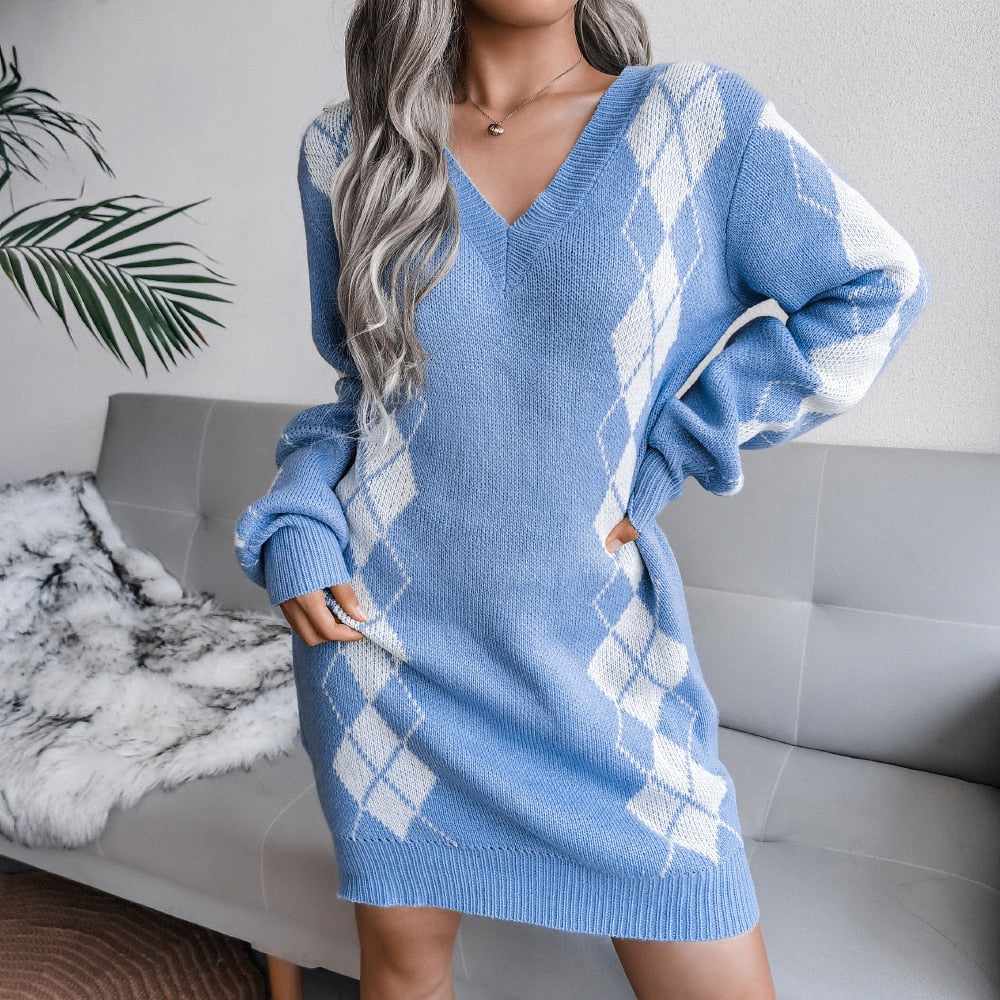 Women’s Printed Knit Sweater Dress – V-Neck Long Sleeve Style for Autumn and Winter