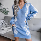 Women’s Printed Knit Sweater Dress – V-Neck Long Sleeve Style for Autumn and Winter