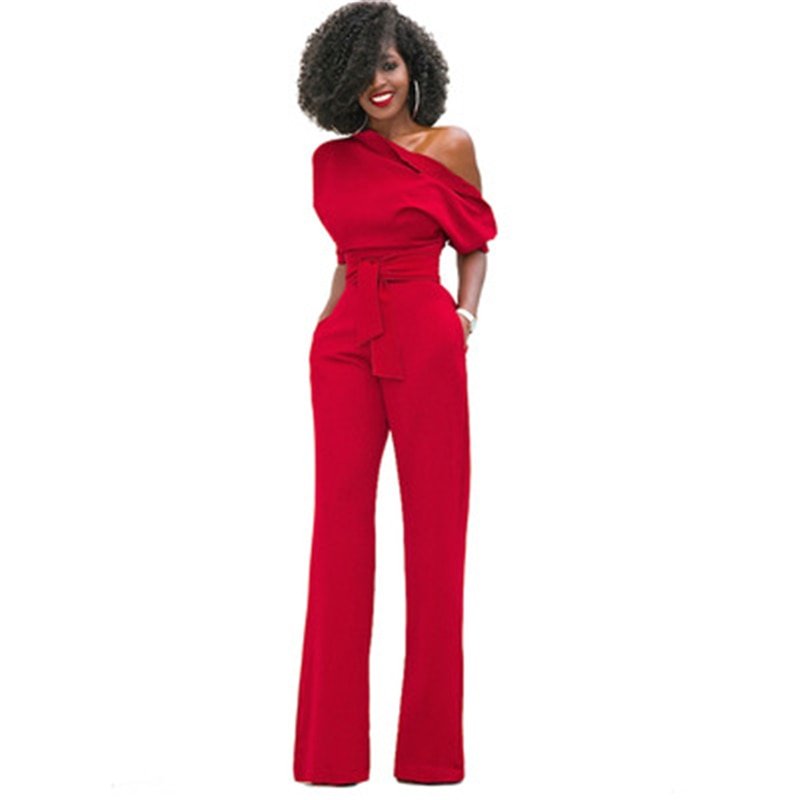 Women’s One-Shoulder Wide-Leg Jumpsuit – Elegant Belted Occasion Style for Parties and Evening Events