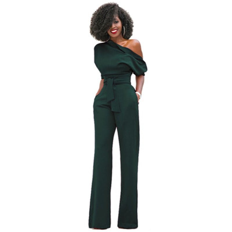 Women’s One-Shoulder Wide-Leg Jumpsuit – Elegant Belted Occasion Style for Parties and Evening Events