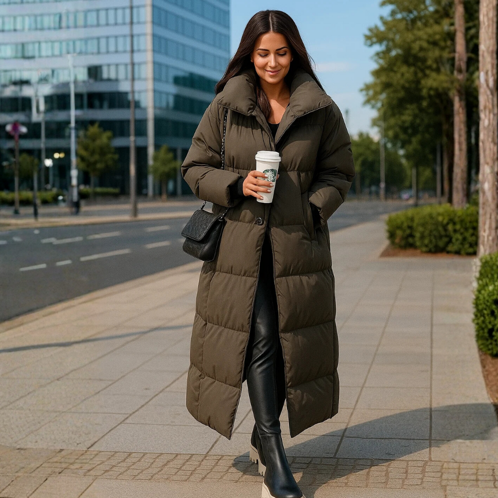 Women’s Long Padded Puffer Coat – Belted Oversized-Collar Winter Layer with Extended Coverage for Cold-Weather City and Everyday Wear