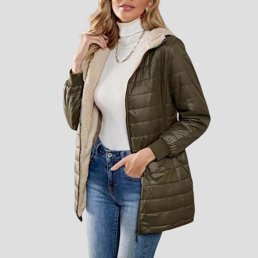 Women's Hooded Quilted Puffer Coat with Teddy Lining