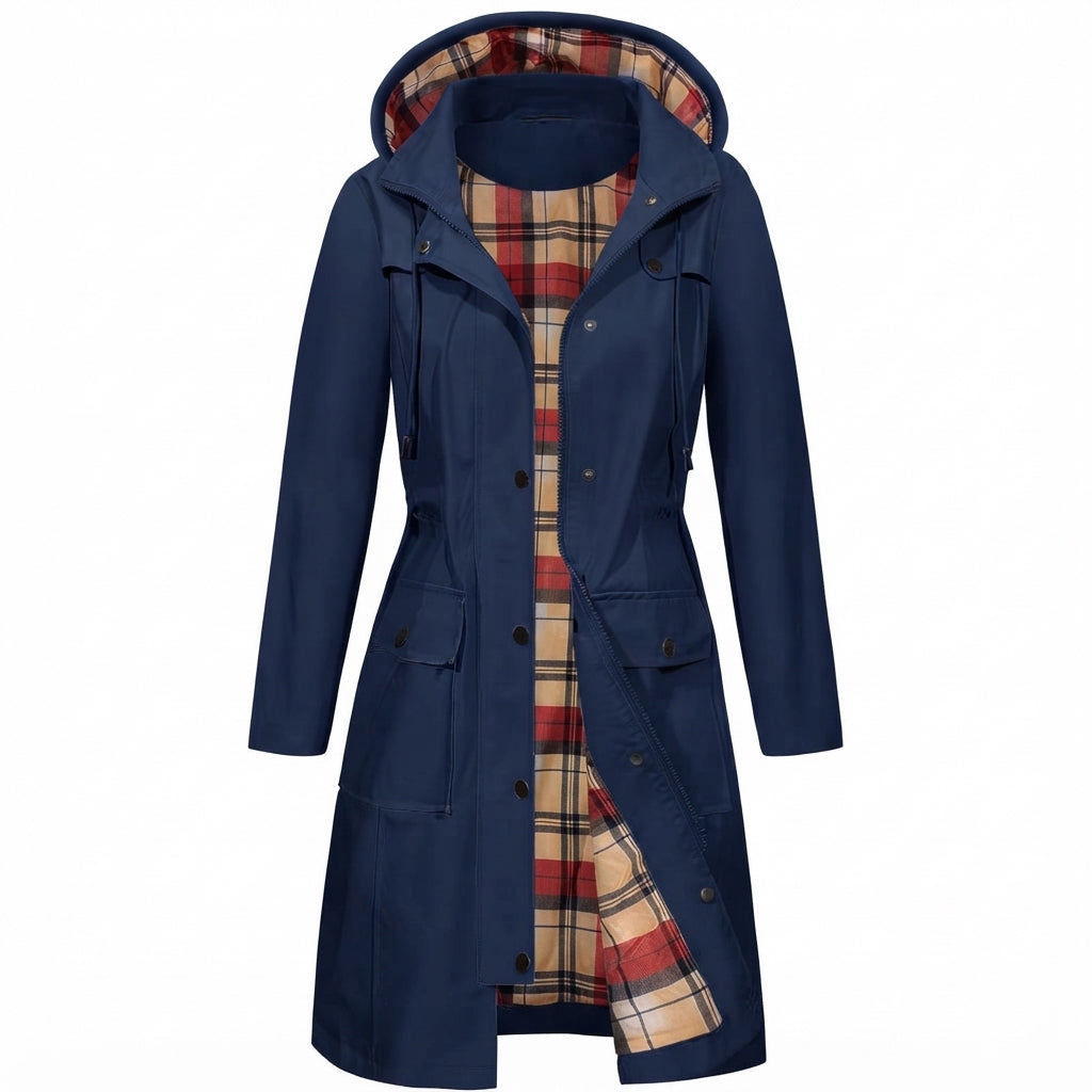 Women's Hooded Raincoat with Fleece Check Lining