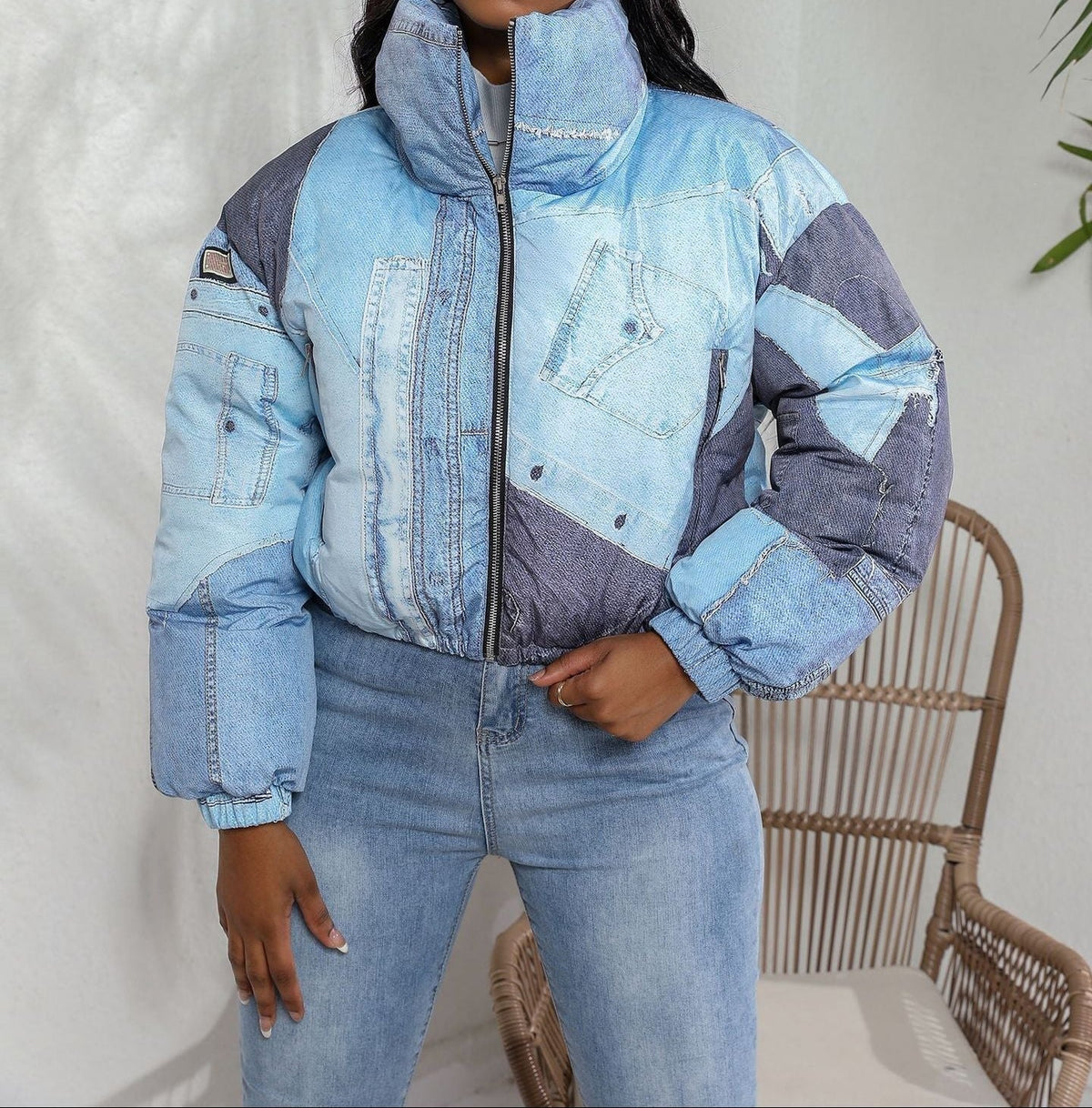 Women’s Cropped Padded Denim Puffer Jacket with High Funnel Collar and Patchwork Panels – Warm Casual Streetwear Outerwear for Autumn and Winter