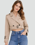 Women’s Cropped Belted Trench Jacket Tailored Double Button Outerwear