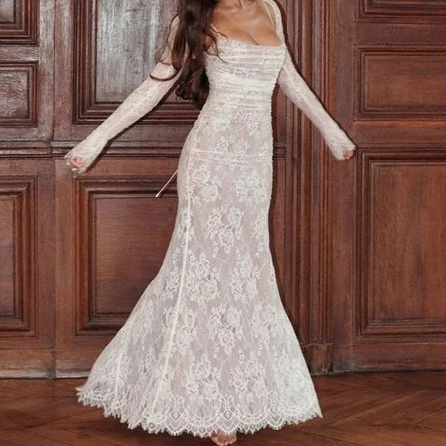 Women’s Lace Mermaid Maxi Dress with Sheer Sleeves