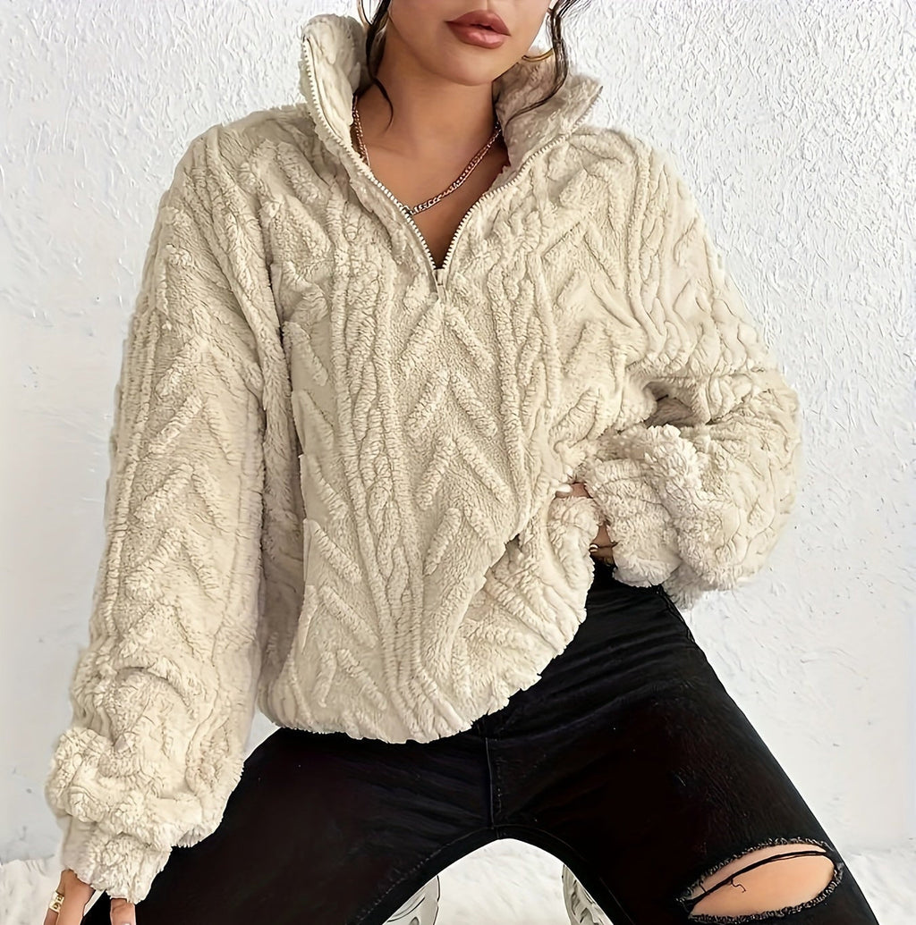 Women's Textured Half-Zip Hooded Jumper with Relaxed Fit