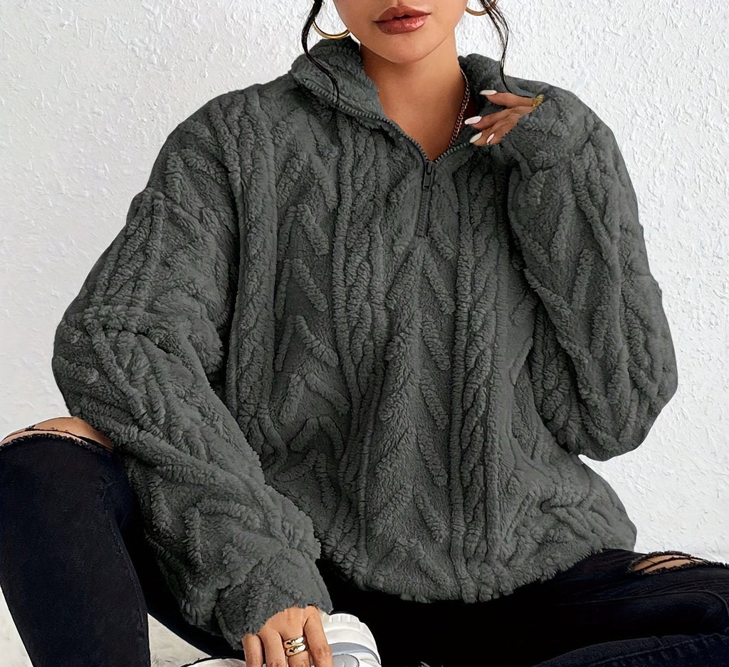Women's Textured Half-Zip Hooded Jumper with Relaxed Fit