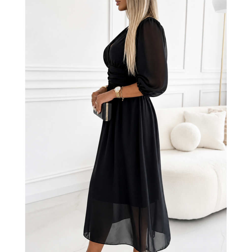 Women’s Chiffon Midi Dress – Ruched Waist Occasion Style for Weddings and Summer Events
