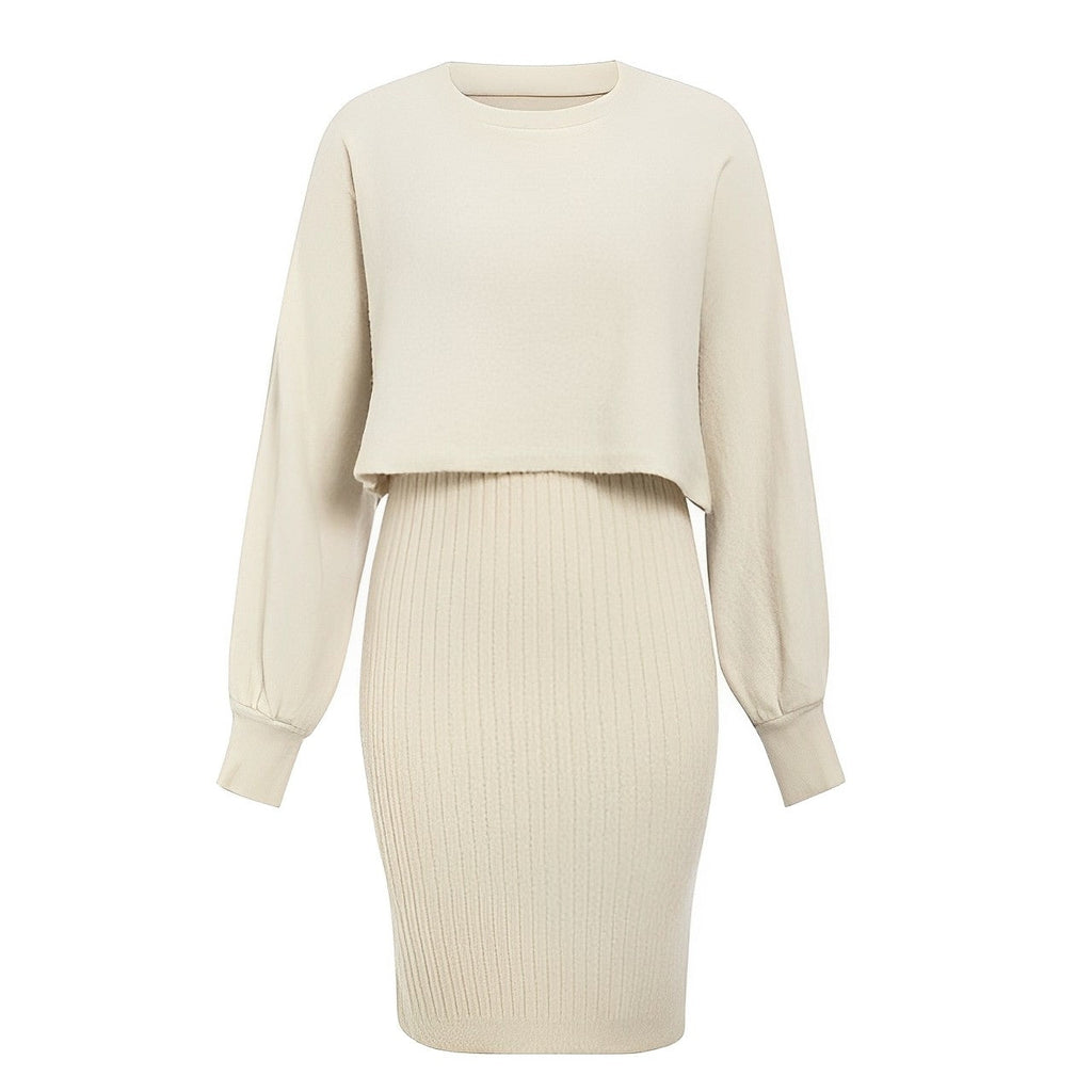 Women’s Lantern-Sleeve Knit Skirt Set – Cropped Crew-Neck Jumper with Ribbed Midi Skirt for Autumn and Winter