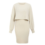 Women’s Lantern-Sleeve Knit Skirt Set – Cropped Crew-Neck Jumper with Ribbed Midi Skirt for Autumn and Winter