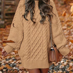 Women's Oversized Cable Knit Mini Dress with Balloon Sleeves and Classic Crew Neck – Cosy Chunky Textured Long Sleeve Jumper Dress with Ribbed Hem and Cuffs for Casual Autumn and Winter Everyday Wear