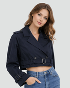 Women’s Cropped Belted Trench Jacket Tailored Double Button Outerwear