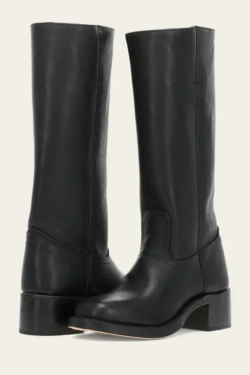 Women’s Knee-High Leather Boots – Structured Block-Heel Riding Style for Casual Smart Everyday Autumn Winter Wear