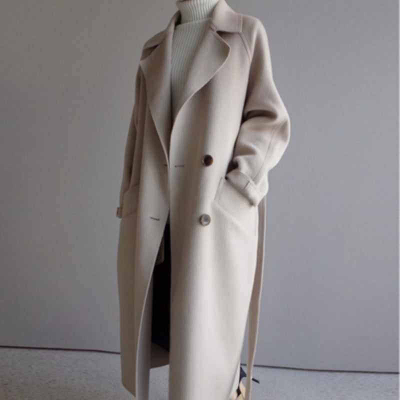 Women's Double-Breasted Longline Coat with Wide Lapels