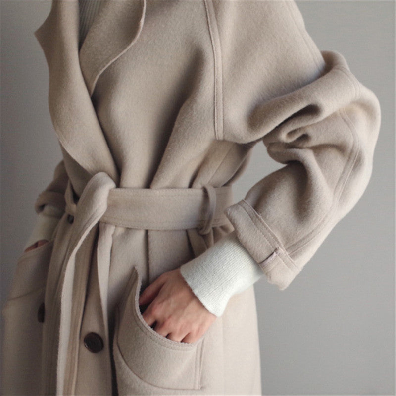 Women's Double-Breasted Longline Coat with Wide Lapels