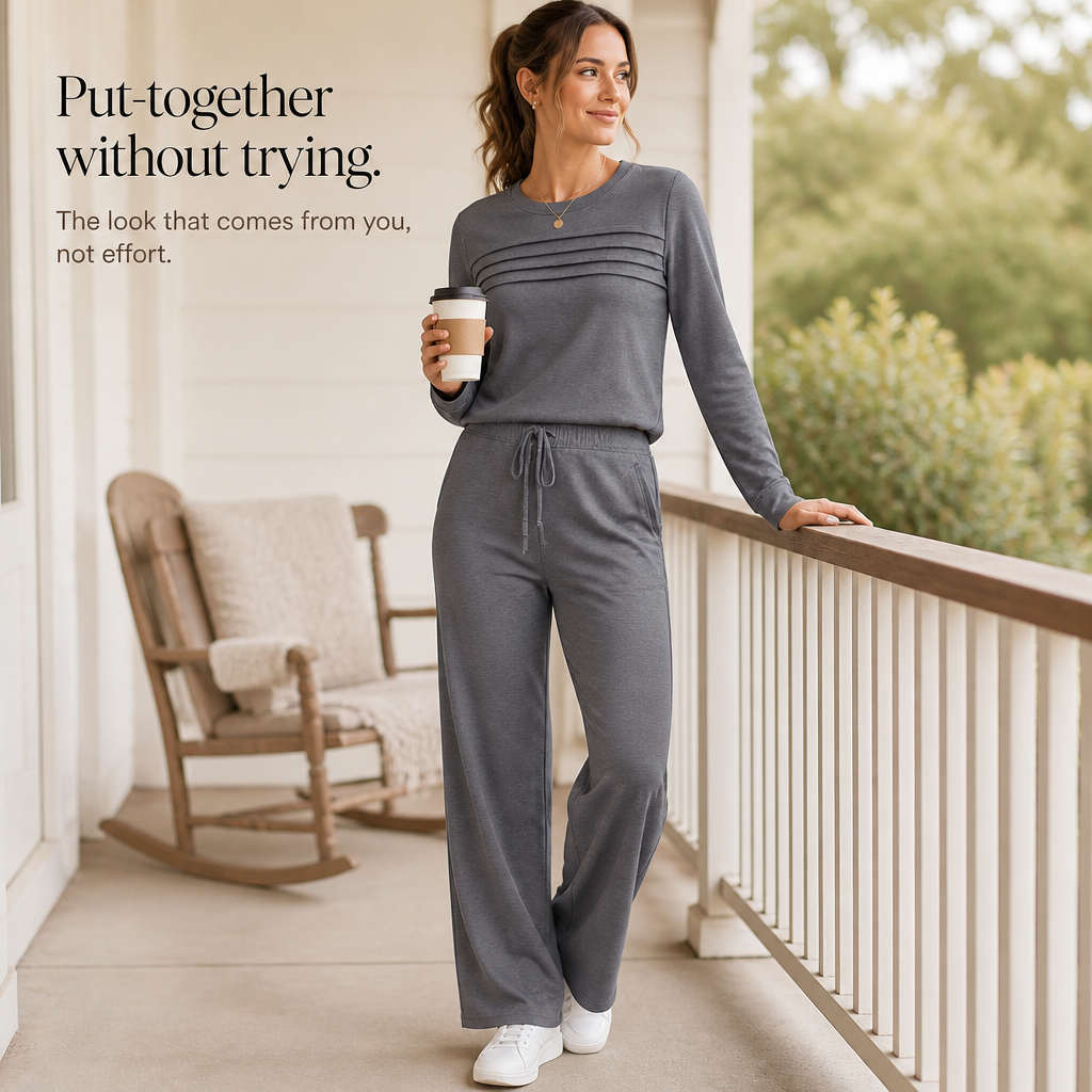 Wearbella | Pleated Crew Neck Drawstring Lounge Set