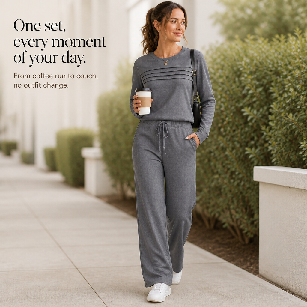 Wearbella | Pleated Crew Neck Drawstring Lounge Set