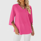 Women’s Ruffle V-Neck Blouse – Relaxed Three-Quarter Sleeve Top for Office and Occasion Wear