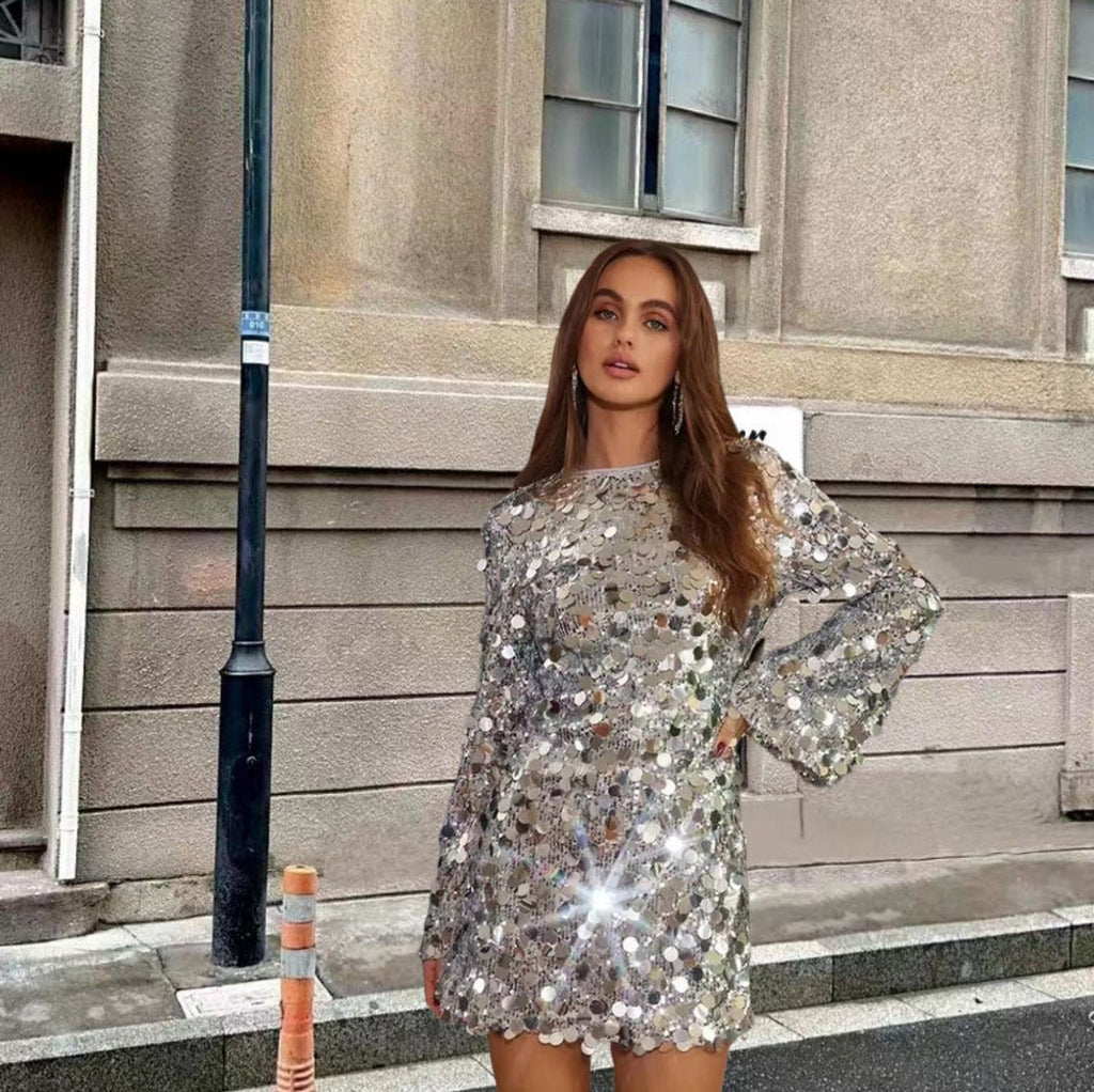 Women's Sequin Mini Dress with Trumpet Sleeves