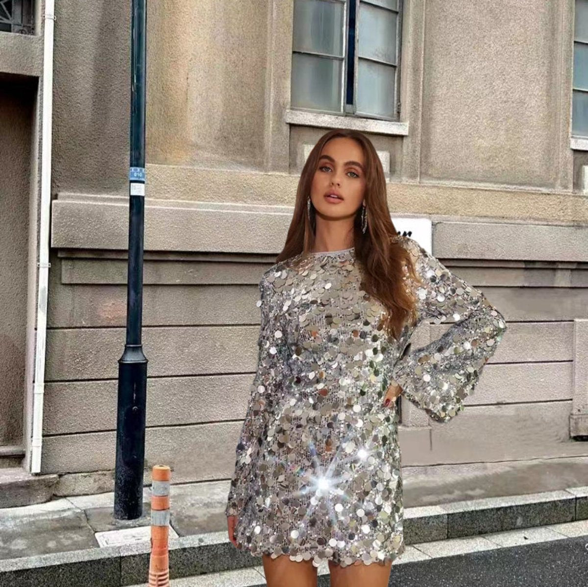 Women's Sequin Mini Dress with Trumpet Sleeves