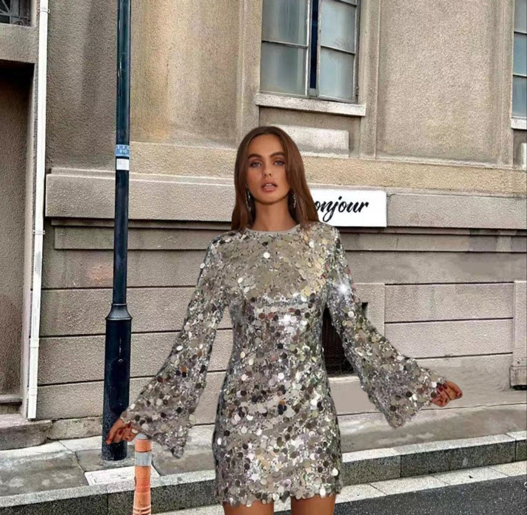 Women's Sequin Mini Dress with Trumpet Sleeves
