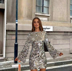 Women's Sequin Mini Dress with Trumpet Sleeves