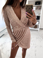 Women's Sequin Wrap Mini Dress Long Sleeve V-Neck