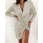 Women's Sequin Wrap Mini Dress Long Sleeve V-Neck